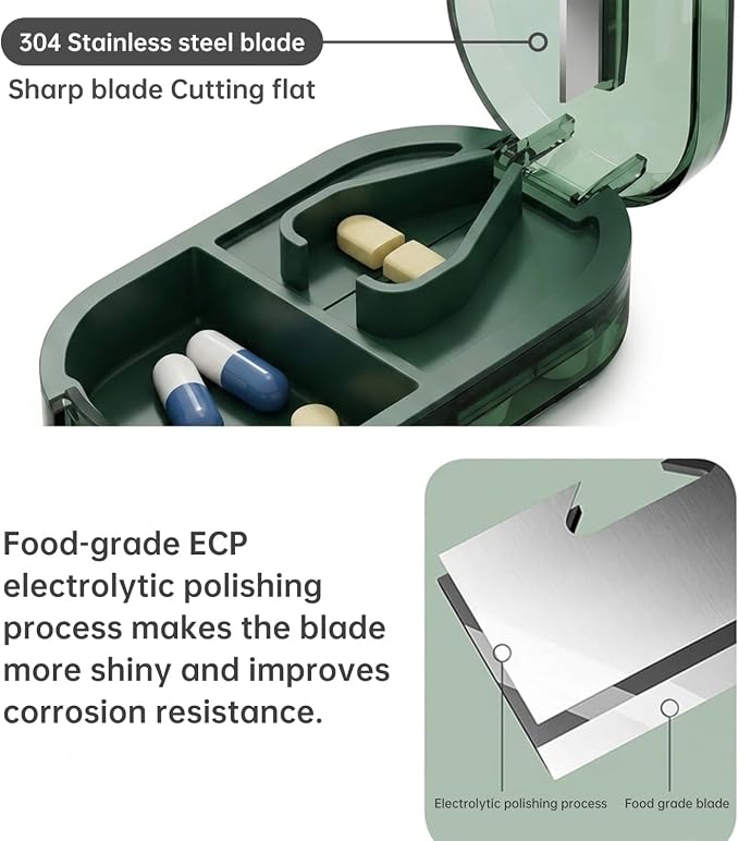 Pill Cutter Splitter for Small or Large Pills, Portable Pill Splitter with Hidden Professional Organizer and Brush, Tablet Cutter Medicine Slicer, Coupe Pilule for Tablets and Vitamins (Green)