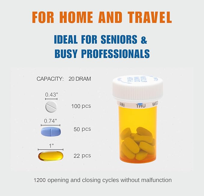 Smart Pill Bottle, Automatic Medication Reminder, Pill Organizer, 7 Day Weekly Tracker, Daily Medicine Dispenser, Child-Resistant Cap, Seniors Friendly, 2-Pack