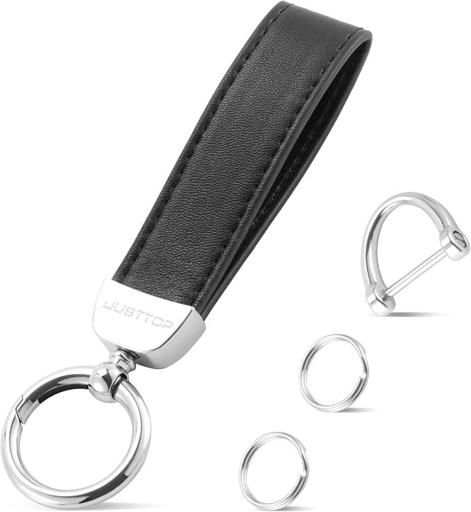JUSTTOP Leather Keychain, Car Key Chain with Anti-Lost D-Ring and 2 Key Ring, Keychain Wristlet, Car Accessories, Universal Keychain for Men and Women (Black)