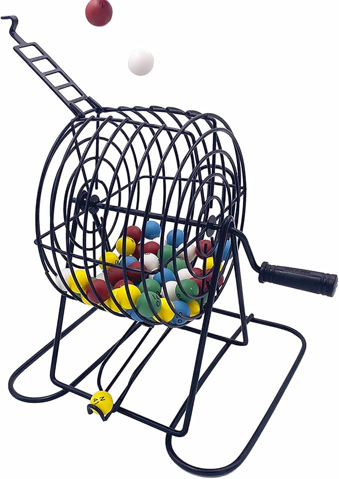JUNWRROW Deluxe Bingo Game Set-Includes Bingo Cage,600 Colorful Plastic Chips with a Bag,100 Mixed Cards,75 Calling Balls with a Bag,Plastic Master Board-Ideal for Large Groups, Parties