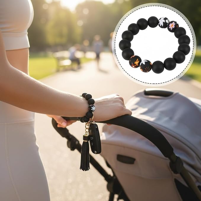 BIHRTC Key Ring Bracelet Car Keychain Holder Wristlet Silicone Women Beaded Bangle Chains