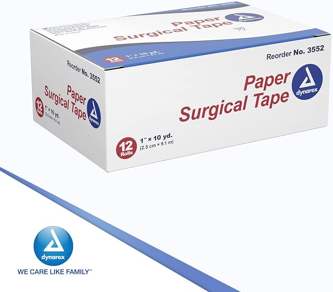 Dynarex Paper Surgical Tape, 1 in x 10 yds, 12 Rolls/Box, 12 Boxes