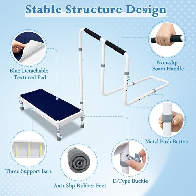 Bedside Steps for High Beds Step Stool with Handle for Elderly Bed Guard Rails for Adults Fall Prevention Devices Bed Cane Assist Bar Handrails Seniors Wide Platform Footstool (31.6"- Stool)