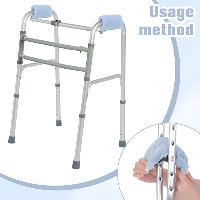 2 Pcs Walker Handle Cushions Fluffy Walker Hand Pads Universal Padded Rollator Hand Cover for Folding Rolling Wheelchair, Senior, Elderly Grippers, with 2 Extra Foam Pads(Blue)