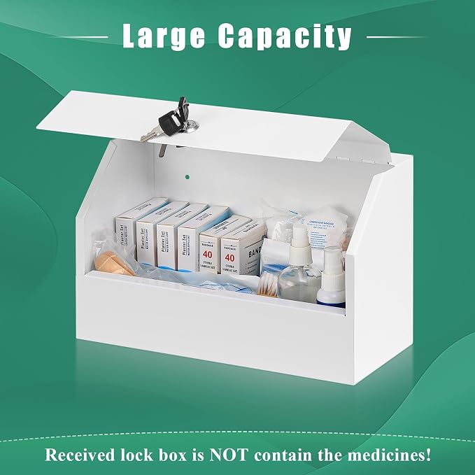 KYODOLED Medicine Lock Box with Keys, Wall Mount Steel Cabinet, White | Medium size 12.2 x 5.9 x 7.87 in, steel build, locking access, child-safe storage for home, school & emergency use