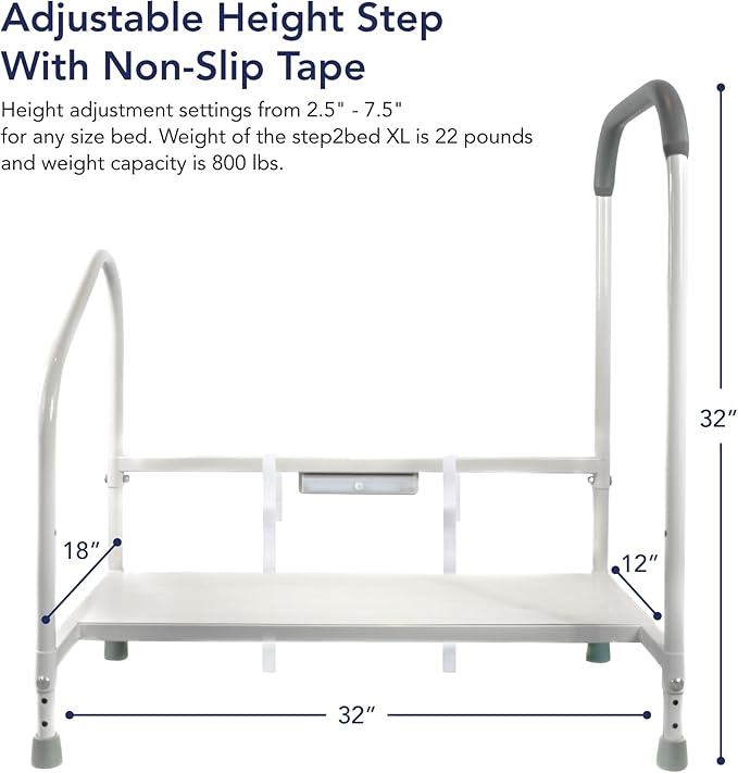 step2bed XL - Bedside Step Stool Bed Climbing Aid for Elderly & Handicapped – LED Light Guided Rails – Adjustable Height, Portable Fall Prevention Aid – Stainless Steel – 800 lb Capacity