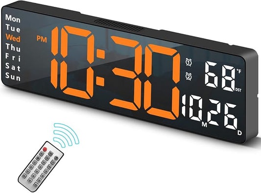 Abovsare Digital Wall Clock for Living Room Decor, Desk Alarm Clock for Bedroom, Large Wall Clock with Remote Control, Automatic Brightness Dimmer LED Clock with Date Temperature Week (Orange-B)
