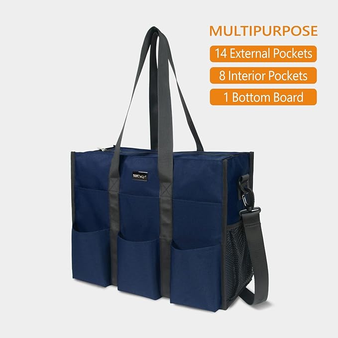 TOPDesign Utility Water Resistant Tote Bag with 22 Pockets, Top Zipper Closure & Thick Bottom Support, for Working Women
