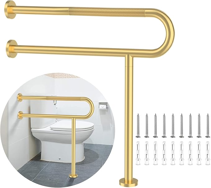Toilet Support Rail 31.3X 31.5 Inch, Munzong Anti-Slip Gold Handicap Grab Bar for Bathroom, Stainless Steel Knurled Safety handrails with Leg for Elderly Disabled Pregnant-1.25’Tube