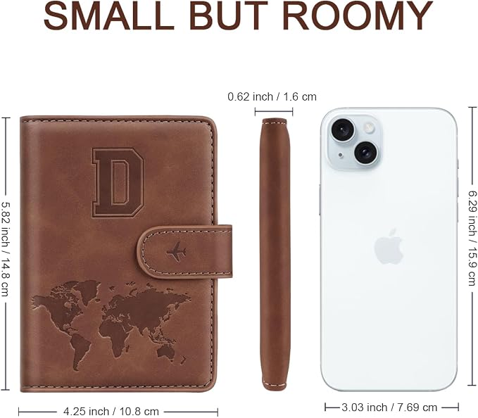 Passport Holder Wallet Cover Personalized Initial Travel Essentials | Embossed Letter A-Z Design, Travel Wallets, RFID Blocking, Passport Book Holders, Women Men, Personalized Gifts, Brown-D