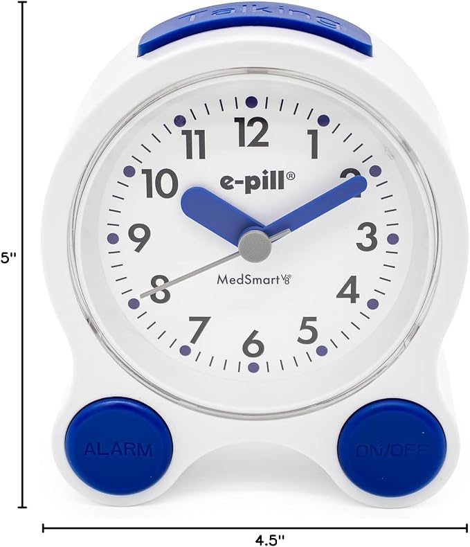 e-Pill MedSmart V8 Medication Reminder Clock for Seniors – 8 Loud Daily Alarms, Atomic Auto-Set Time, Large Easy-Read Screen, White