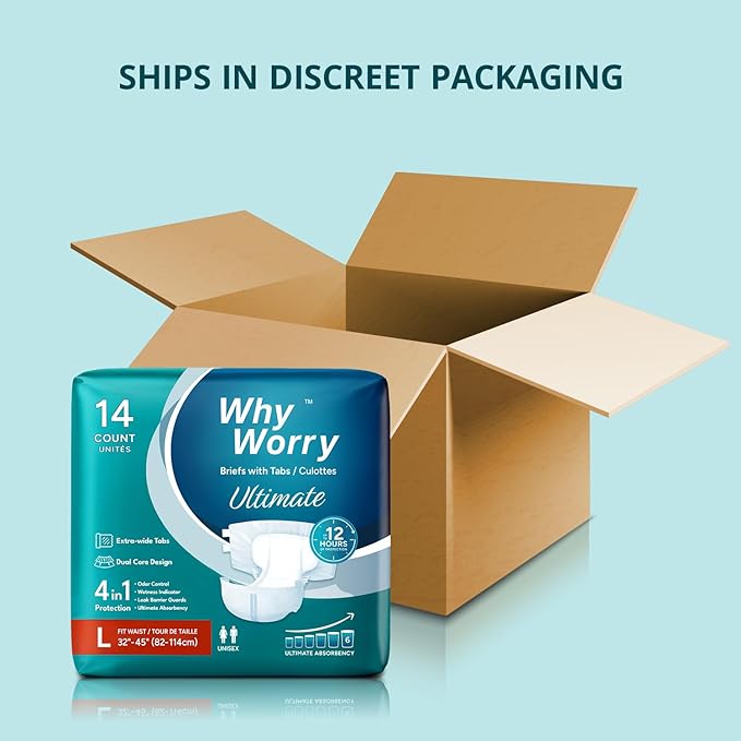 WhyWorry Ultimate Adult Diapers for Men and Women, Disposable Adult Briefs with Tabs for Incontinence, Unisex Incontinence Briefs with Tabs, Ultimate Absorbency, Odor Control, Large, 14 Count