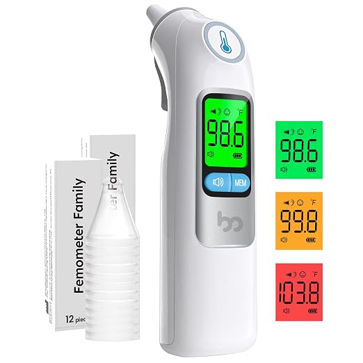Femometer Family Ear Thermometer for Adults and Kids, White | 1s Fast Accurate Reading, 30-Memory Recall, 3-Color Fever Alert, ℃/℉ Switchable, Silent Mode, with 24 Disposable Probe Covers