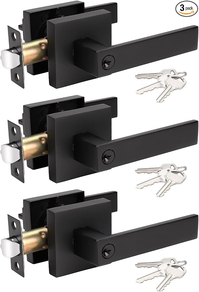 KNOBWELL 3 Pack Matte Black Door Handle Lever Keyed Entry Door Knob Front Leverset Lockset, Matte Black Finish (Not Keyed Alike)