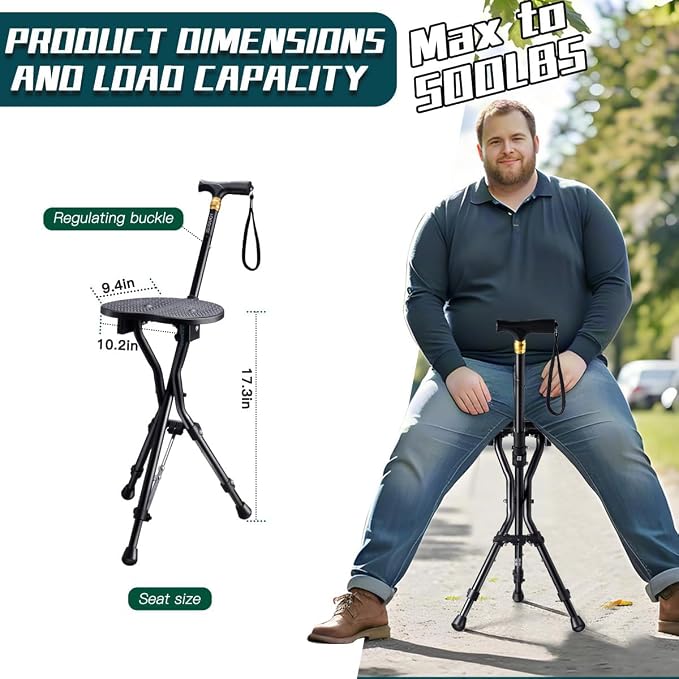 Anti-Slip Walking Cane with Seat Folding Lightweight,Walking Stick Height Adjustment,Portable and Sturdy Cane Chair for Travel Outdoor Use, Queuing, Elderly Women and Men