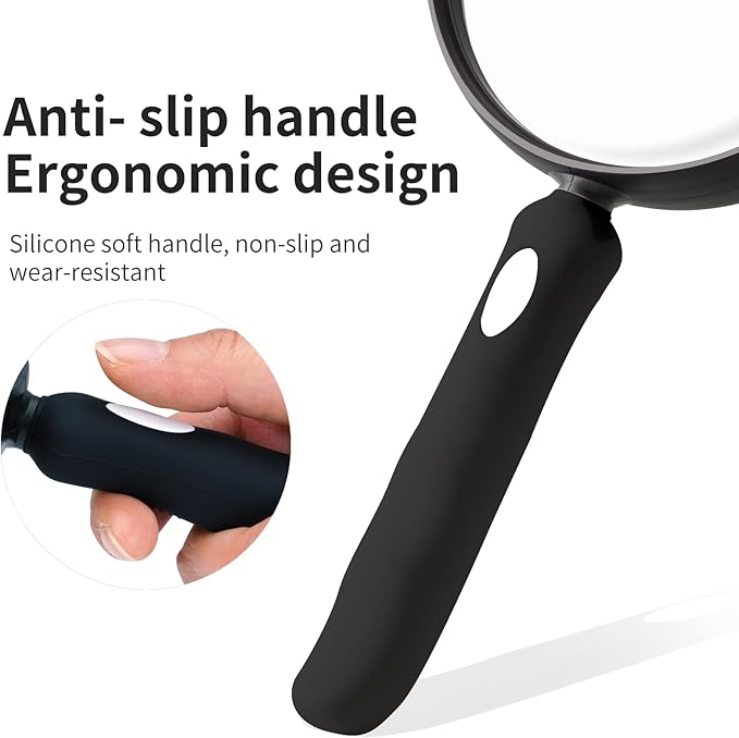 10X Large Magnifying Glass for Reading, Upgraded Handheld Magnifier with 5.12inch Anti-Glare Lens, Non-Slip Handle for Close Work, Seniors Reading, Kids Nature Exploration, Hobby Observation
