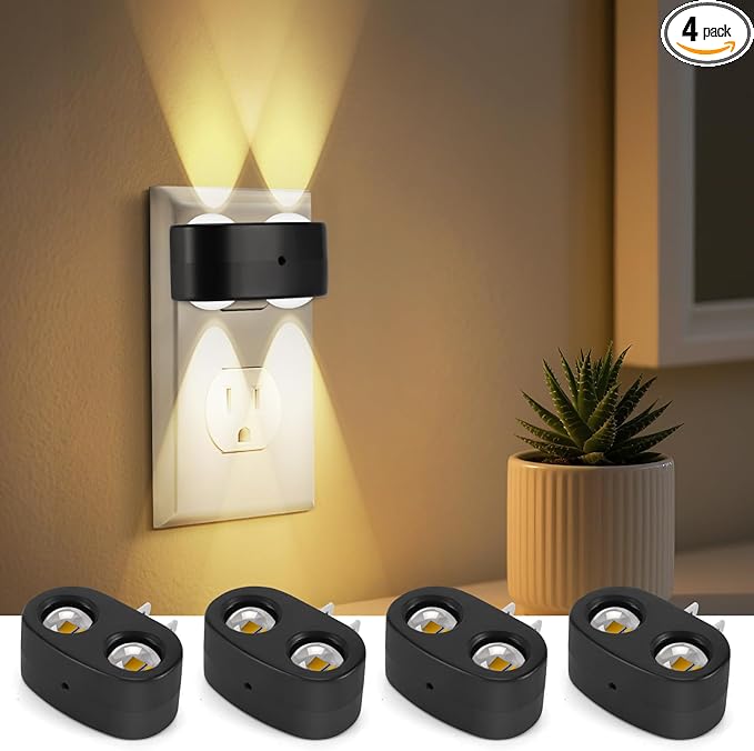 4 Pack LED Plug-in Wall Night Light, 100 Lumens Soft White 3000K, Auto On/Off Dusk to Dawn Sensor, Adjustable Swivel Head for Indoor – Ideal for Hallway, Bathroom, Stairs, Bedroom, Kitchen