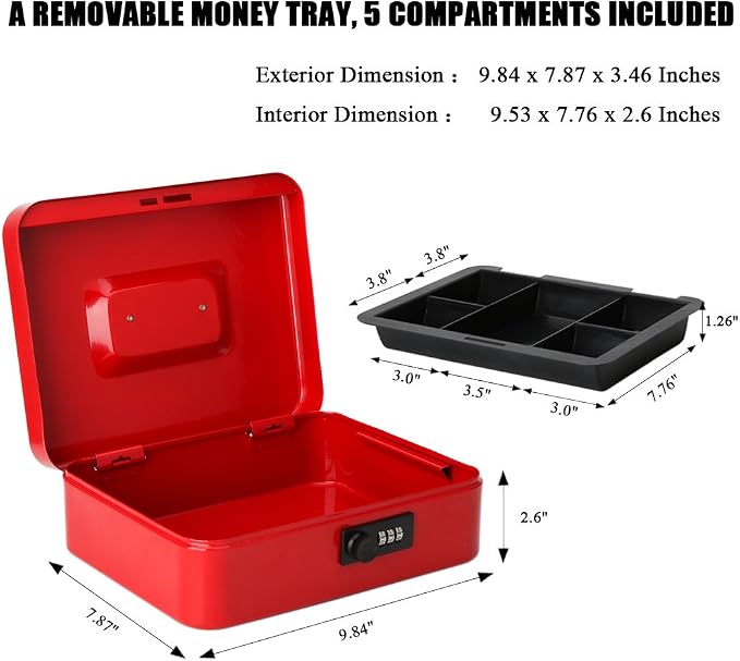 Jssmst Large Cash Box with Combination Lock – Durable Metal Cash Box with Money Tray Red(9.8 x 7.9 x 3.5), SM-CB07003L