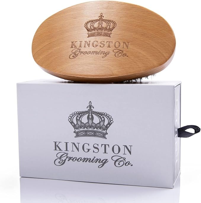 Kingston Grooming Co. Boar Bristle 360 Wave Brush for Men, Hair & Beard | Soft boar hair brush for beards, hair & 360 waves. Military palm style brush. Perfect for normal to thin hair with travel box