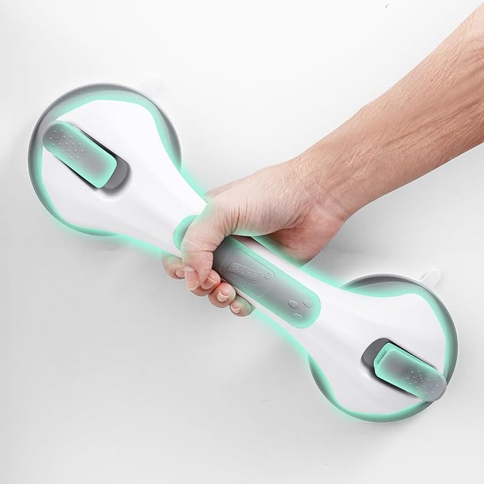 Grab Bars for Bathtubs and Showers Glow in The Dark, 12 inch Suction Grab Bar, Shower Handle Safety Grip Handrail for Seniors and Elderly, Removable Waterproof No Drilling, Grey