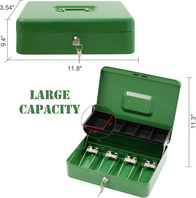Cash Box with Lock Key and Money Tray - Large Money Box for Cash Register, Metal Lock Box for Money Safe 11.8" x 9.4" x 3.54" Green