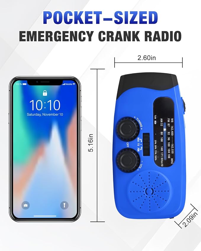 Hand Crank Radio with AM/FM/NOAA Weather Bands,for Emergencies, Camping | 3 LED Flashlights,SOS Function,Solar Powered,Hand Cranked, 2000mAh/7400mWh Charger,for Power Outage - Blue