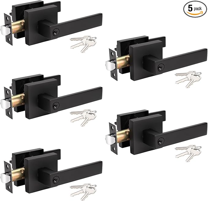 KNOBWELL 5 Pack Entry Door Handle Heavy Duty Front Doorset Lever Door Handle, Matte Black Finish, Not Keyed Alike, Interior Doorknob for Bedroom