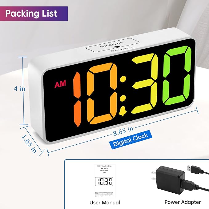 DreamSky Large Digital Alarm Clock Big Number for Seniors/Visually Impaired | RGB 9 Inches Desk Clock for Bedroom, Dimmable Jumbo Display, USB Ports, Loud Alarm for Heavy Sleepers, Adjustable Volume