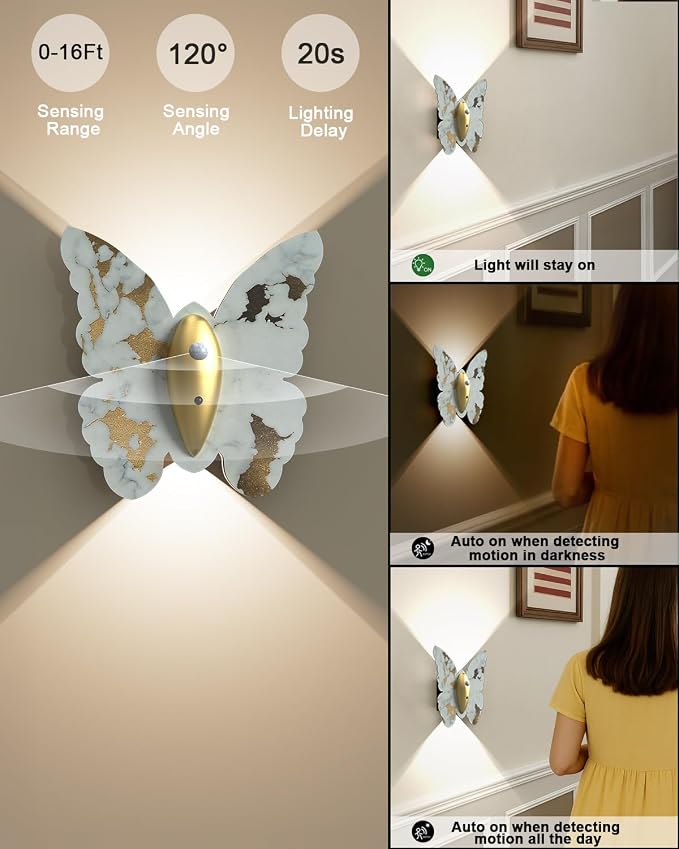 Eneru Motion Sensor Wall Sconce Set of 2, Rechargeable Wall Lights, Indoor | 5000mAh Battery Operated Wall Sconces, Magnetic Butterfly Motion Night Light for Hallway Stair Closet Pantry, White & Gold
