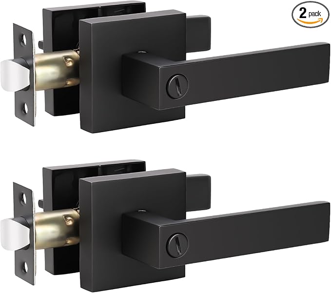 KNOBWELL 2 Pack Heavy Duty Privacy Door Lever Door Handle(Thumb Turn Inside Lock) for Bedroom or Bathroom Matte Black Finish, Left or Right Handing