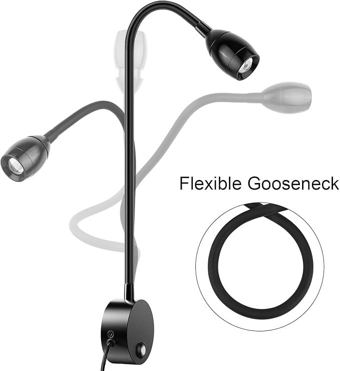 Wall Mounted LED Reading Light with 15" Flexible Gooseneck, Focused Adjustable Book Light for Reading In Bed with 3000K Warm Light, Plug In Dimmable Bedside Headboard Night Lamp, Touch Control-2 Pack
