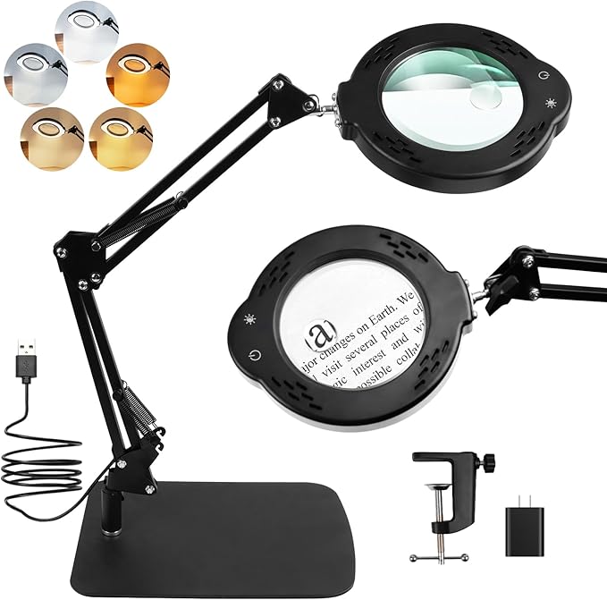 10X 30X Magnifying Glass with Light and Stand, Desktop LED Magnifying Lamp with Base and Clamp, 5 Color Modes, 3 Dimmable Levels Hands Free Magnifying Glasses for Close Work, Reading Crafts Jewelry