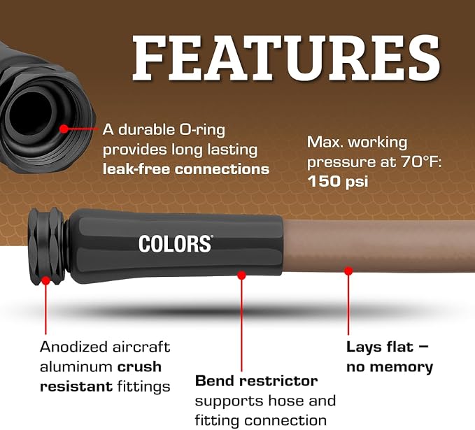 Flexzilla Colors Garden Hose 5/8 in. x 25 ft., Lightweight All-Weather Water Hose, Durable and Flexible, Leak-Free Connections, Brown Mulch