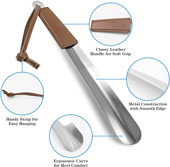 Charmount Metal Shoe Horn - 12 Inch Long Shoe Horns for Senior, Men, Women, Kids, Stainless Steel Shoehorn with Handle (Durable, Upgraded 2mm Thick) | Men, Women, Kids, Stainless Steel Shoehorn with Handle (Durable, Upgraded 2mm Thick)