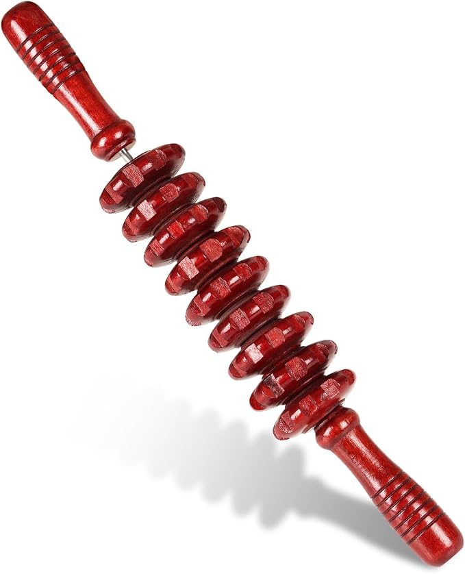 Liitrton Manual Wooden Massage Roller Stick for Legs, Body Roller, Red | Wood Therapy Massage Tools for Trigger Points Relief, Sore Muscle Recovery