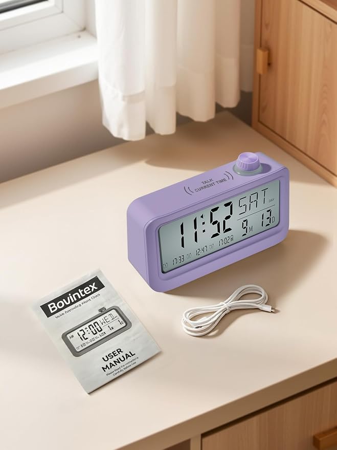 Medication Pill Reminder, Rechargeable Talking Alarm Clock with 3 Custom Voice Recording Alarms, Touch-to-Talk, a Digital Alarm Clocks Gift for Mom/Dad/Seniors/Elderly(Pruple)