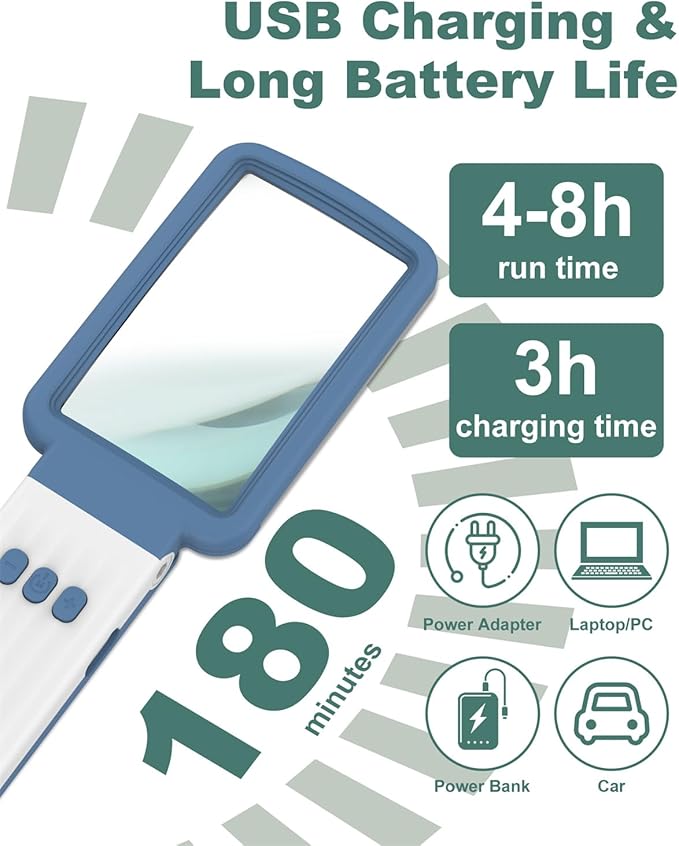 15X Magnifying Glass with Light and Stand, Rechargeable Folding Handheld Real Glass Magnifier, 3 Color Modes Dimmable Lighted Page Magnifying Sheet for Seniors Low Vision Small Prints - Blue White