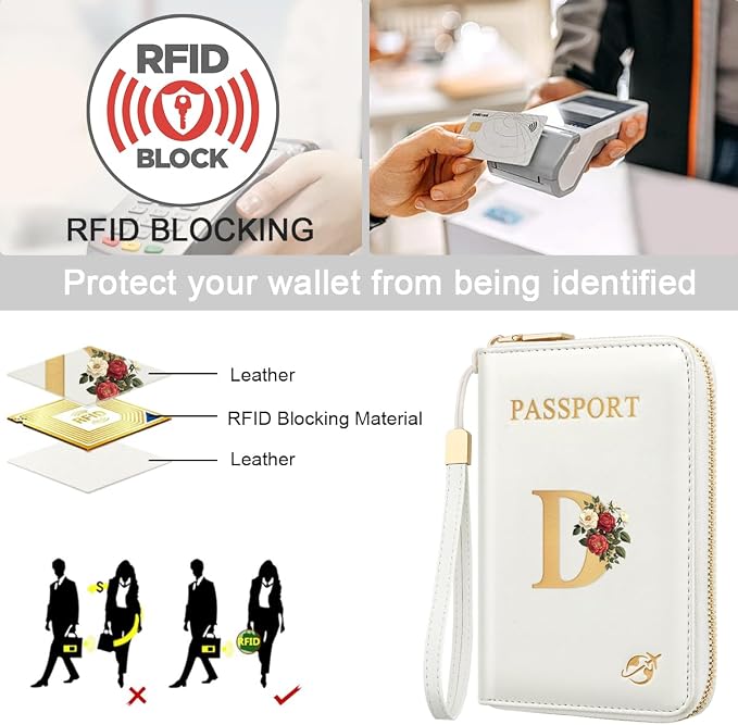 Passport Holder for Travel Personalized Wallet with Wristlet Women | All-in-One Passport Cover, RFID Blocking, Back Coin Pocket, Paper Money Slot, Zipper Closure, Roses Initial Letter, White D