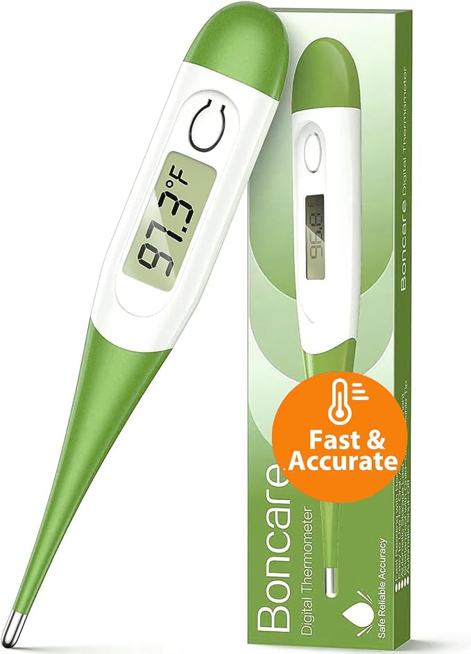 Boncare 10 Seconds Oral Thermometer for Adults and Kids, Green | Accurate & Safe, Rectal Digital Thermometer for Baby, Fever Alarm