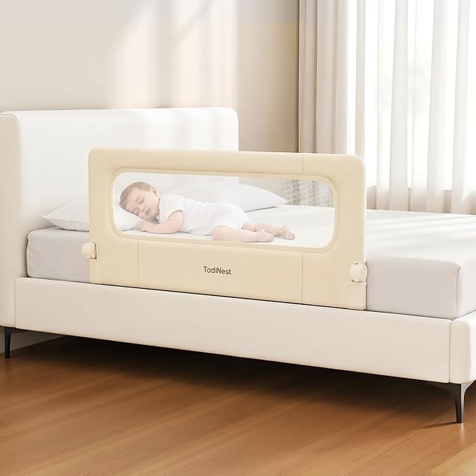 Bed Rail for Toddlers, 47 Inch Foldable Baby Guard | 47 in foldable toddler rail with reinforced anchors, no-gap mattress fit, double lock, washable fabric for King|Queen