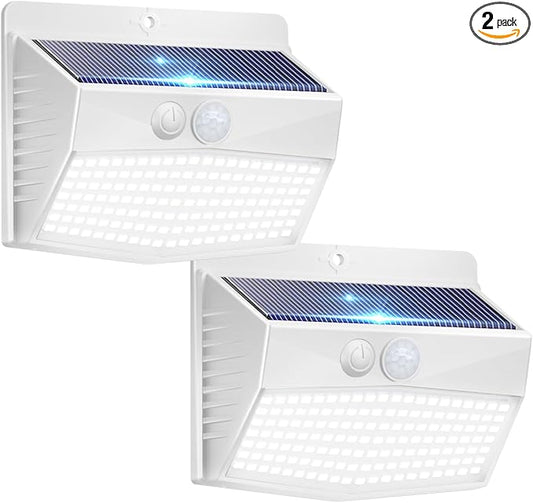 2 Pack Solar Motion Sensor Lights Outdoor Waterproof with 3 Modes | Cool White, White Frame, LED, Solar Powered, Security Lighting for Outside Wall Garden Fence Yard Deck Patio Garage