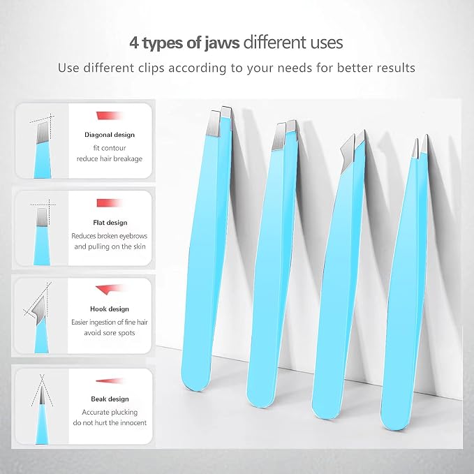 Derlaier Tweezers Set Professional High Precision Stainless Steel Eyebrow Remover Ingrown Hair & Splinter Removal Kit Facial Hair Grooming Tools for Men Women Blue 4 Pcs