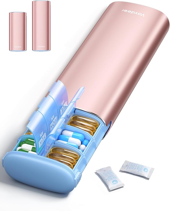 Vaydeer Large Metal AM PM Pill Organizer 7 Day, 2 Times a Day Pill Box with Built-in Desiccant & Triple-Layer Seal, Travel Pill Case for Fish Oil, Vitamins, Supplements and Medication (Rose Gold)