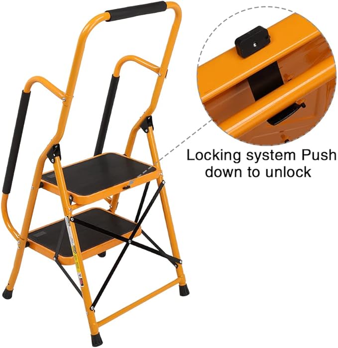 Winado 2 Step Ladder with Handrails, 500LBS Folding Step Stool, w/Non-Slip Side Armrests Large Pedal Area, Multi-use for Home Kitchen Pantry Office