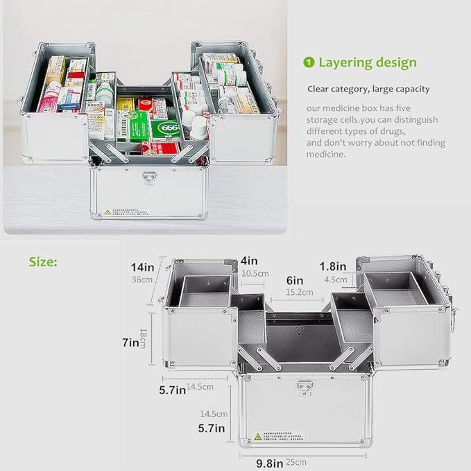 Nurth First Aid Kit Lockable First Aid Box Security Lock Medicine Storage Box with Portable Handle,Medication Lock Box 3 Tier Design/Precription Storage Box Large Space 14 × 9.8 × 11inch (Silver)
