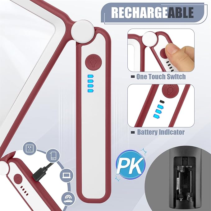 Magnifying Glass for Reading, Rechargeable 5X Large Page Magnifier with Light, Folding Handheld Dimmable Rectangle Lighted Magnifier for Reading Book Small Print for Seniors Low Vision, Red White