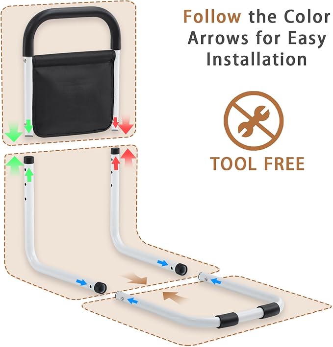 Bed Rails for Elderly Adults Safety, Bed Assist Rails for Seniors, Double Stabilizer Bars Design with Storage Pocket & Fall Prevention Guard, Fits King, Queen, Full, Twin Bed(with Light)