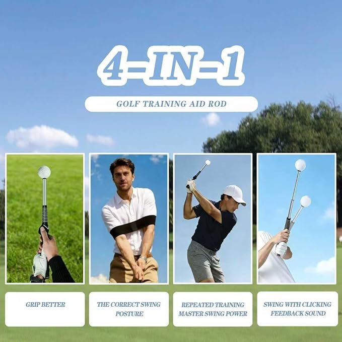 Golf Swing & Golf Grip Trainer with Arm Band for Right & Left Handed | Retractable Golf Training Aid with Click Feedback & Grip Correction, Great for Indoor & Outdoor Practice, Golf Gifts for Men