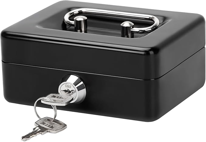 Jssmst X-Small Cash Box with Lock - Money Saving Box for Cash Coins, Small Lock Box for Medication Personal Items, 4.92'' x 3.94'' x 2.28'', Black