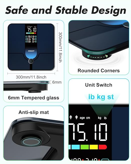 INSMART Smart Scale for Body Weight, Large Display Body Fat Scale, Accurate Weight Scale Digital Bluetooth Bathroom Scale for BMI Heart Rate, 25 Body Composition Analyzer with Fitness APP Sync, 500lbs